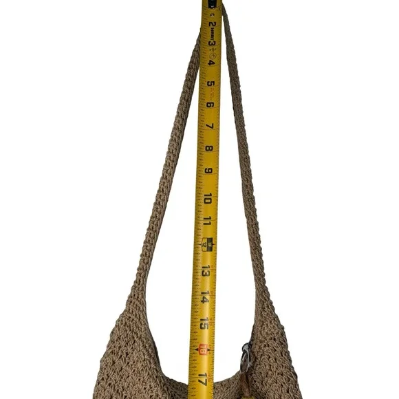 The Sak Crochet Hobo Bag Tan Neutral Boho Shoulder Bag with Yellow Tassel - Picture 7 of 8